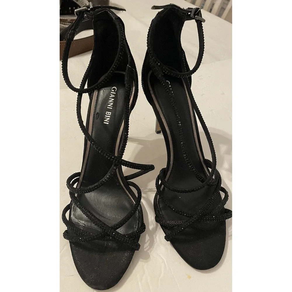 Gianni Bini Black Rhinestone Strappy Stiletto Heels 7.5 Evening Party Prom